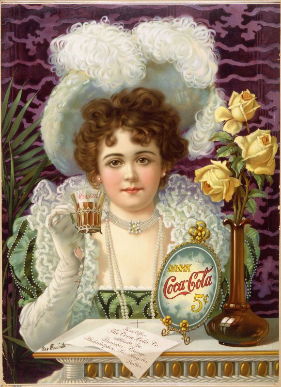 Alte gemalte Coca-Cola-Reklame mit junger Frau und dem Slogan "Drink Coca-Cola 5-cents",  ca. 1890.