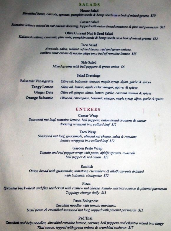 "Rawlicious" Raw Food Restaurant, New York City, menu of salads, main courses etc. 2013 "Rawlicious" Raw Food Restaurant, New York City, menu of salads, main courses etc. 2013