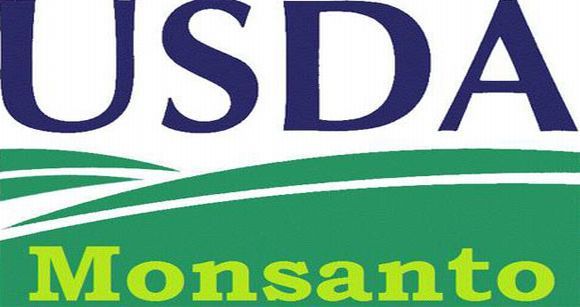 Green Monsanto-Logo with USDA above: USDA-Approves-Monsanto-Genetically-Modified crops. Green Monsanto-Logo with USDA above: USDA-Approves-Monsanto-Genetically-Modified crops.