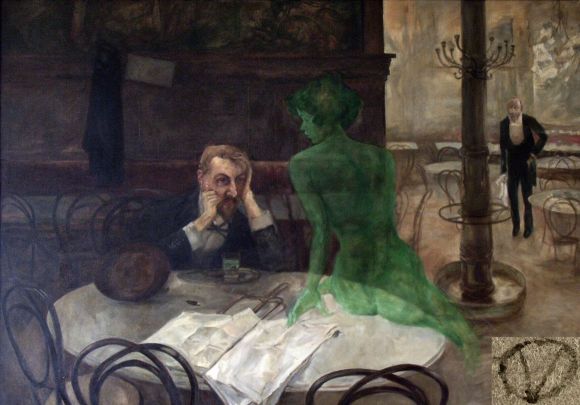 Pintura: bebedor Absinth con el hada verde de Viktor Oliva (1901) en el Café Slavia, Praga.