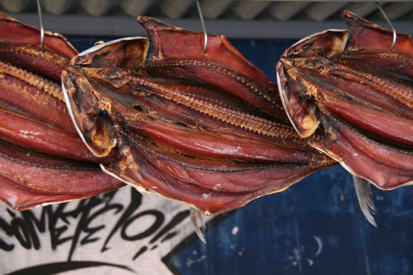 Three air-dried pieces of white tuna (Thunnus alalunga) as a symbol of umami taste. Three air-dried pieces of white tuna (Thunnus alalunga) as a symbol of umami taste.