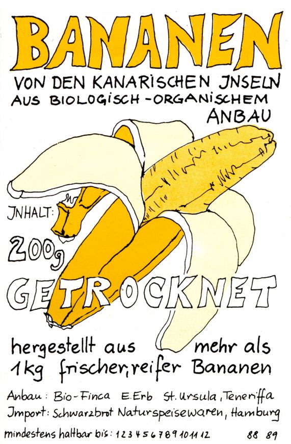 Aufkleber für getrocknete Bio-Bananen aus Teneriffa der Firma Bio-Finca SA aus den 1980er Jahren. Aufkleber für getrocknete Bio-Bananen aus Teneriffa der Firma Bio-Finca SA aus den 1980er Jahren.