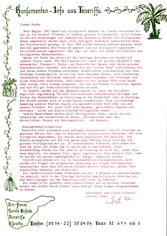 Konsumenteninformation der Bio Finca Rosario, Santa Ursula, Teneriffa aus den 1980ern 01/20.