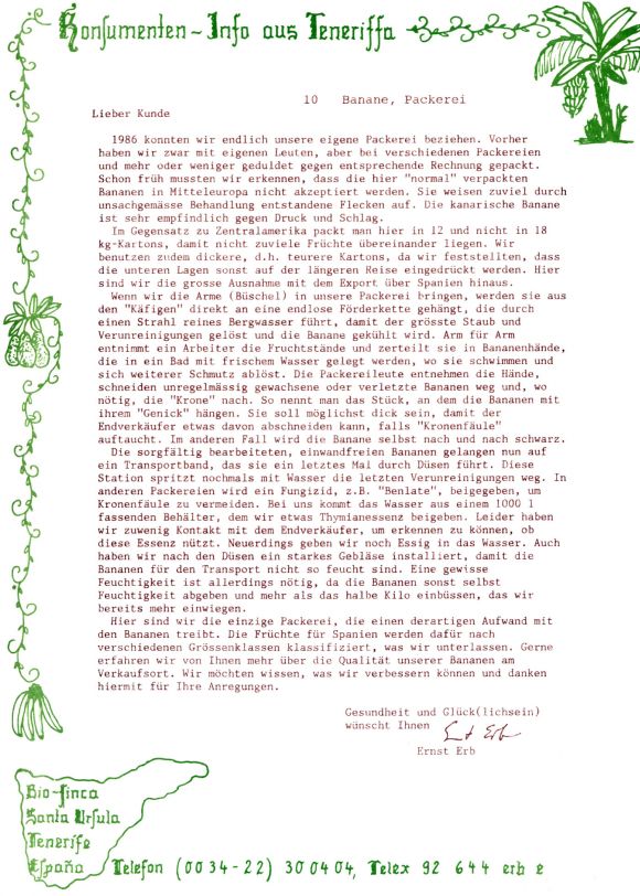 Konsumenteninformation der Bio Finca SA, Santa Ursula, Teneriffa, 1986 10/20.