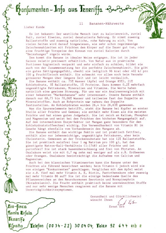 Konsumenteninformation der Bio Finca Rosario, Santa Ursula, Teneriffa ca. 1986, 11/20.