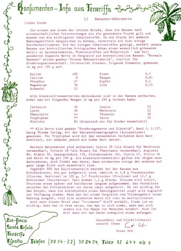 Konsumenteninformation der Bio Finca SA, Santa Ursula, Teneriffa ca. 1986, 12/20.
