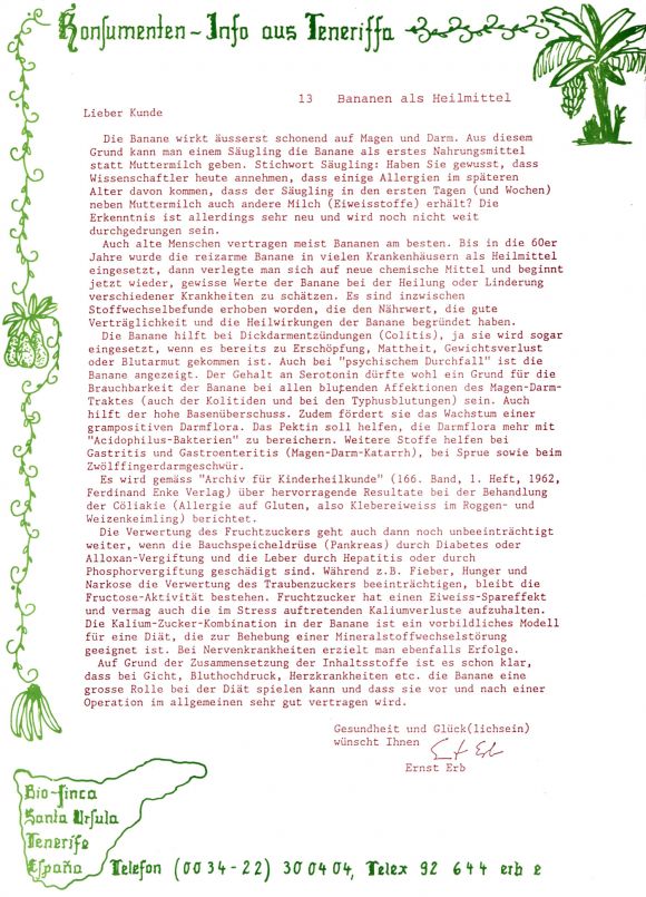 Konsumenteninformation der Bio Finca SA, Santa Ursula, Teneriffa ca. 1986, 13/20.