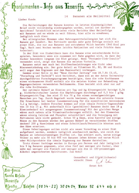 Konsumenteninformation der Bio Finca SA über mögliche Heilwirkungen der Banane ca. 1986, 14/20.