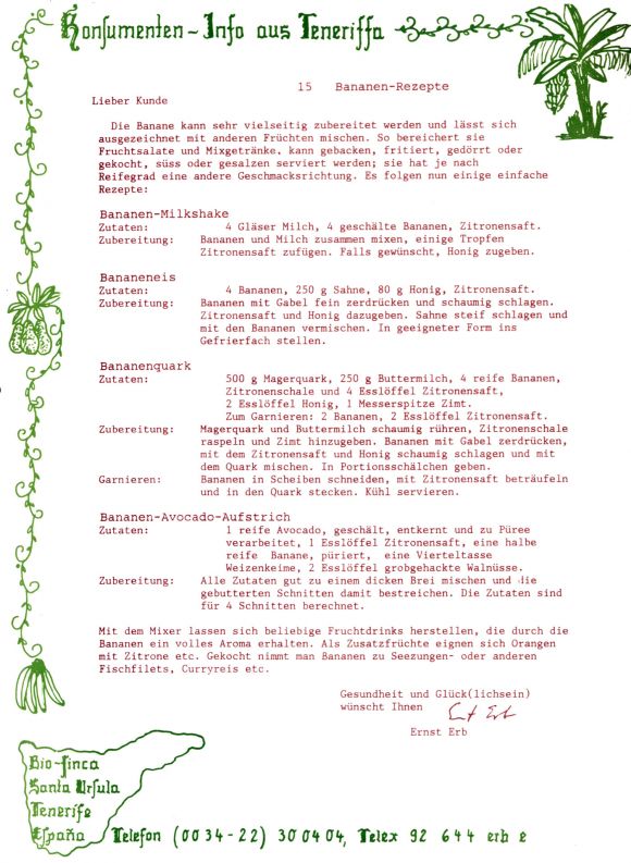Konsumenteninformation der Bio Finca SA: gesunde Rezepte mit Bananen, ca. 1986 15/20.