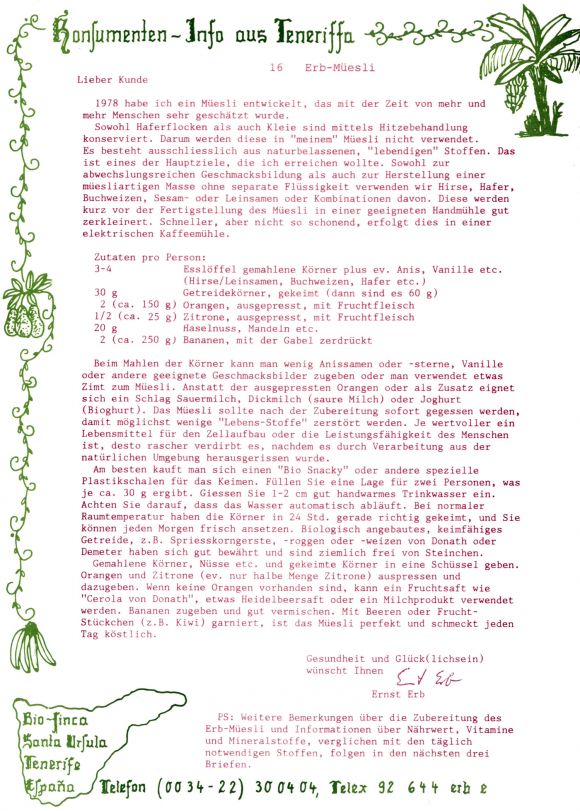Konsumenteninformation der Bio Finca SA: Erster Teil Rezept für Erb-Müesli mit gekeimten Getreide.