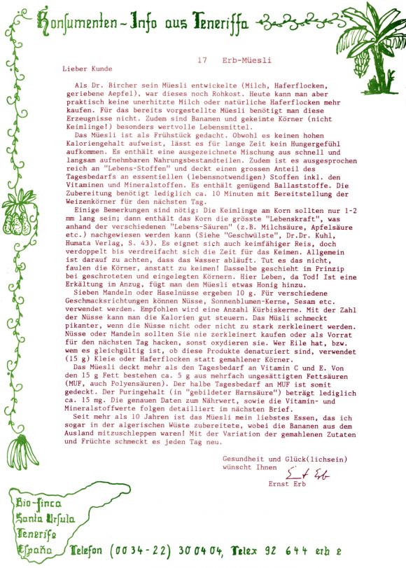 Konsumenteninformation der Bio Finca SA aus den 1980er Jahren 17/20. Birchermüesli nicht vegan.