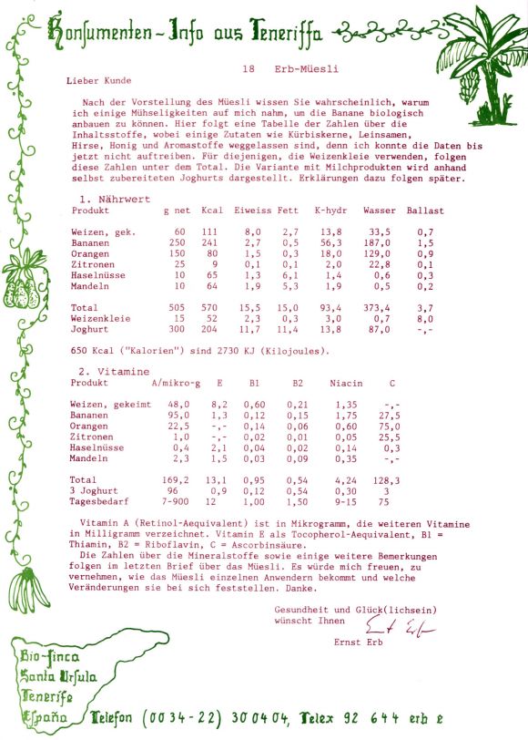 Konsumenteninformation der Bio Finca SA: Inhaltsstoffe des gekeimten Erb-Müesli.