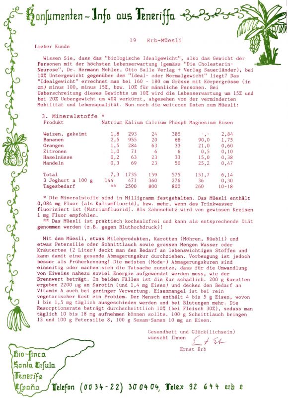 Konsumenteninformation der Bio Finca SA 19/20: Biologisches Idealgewicht eines Menschen. (1986)