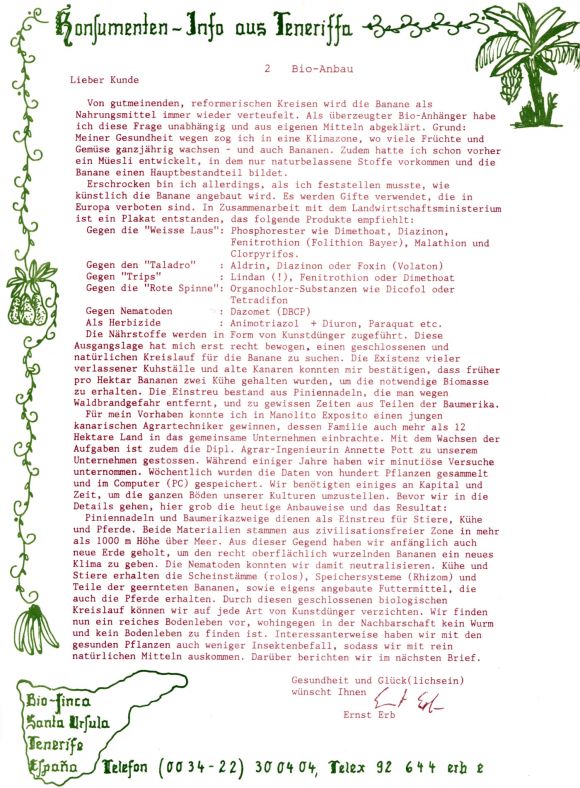 Konsumenteninformation Bio Finca Rosario, Santa Ursula, Teneriffa aus den 1980er Jahren 02/20.