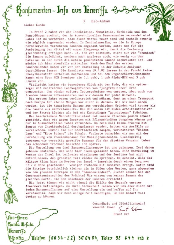 Konsumenteninformation der Bio Finca Rosario, Santa Ursula, Teneriffa aus 1981 03/20.