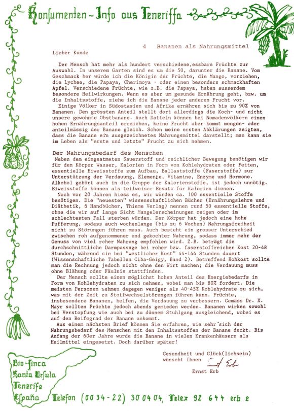 Konsumenteninformation der Bio Finca Rosario, Santa Ursula, Teneriffa aus 1981 04/20.