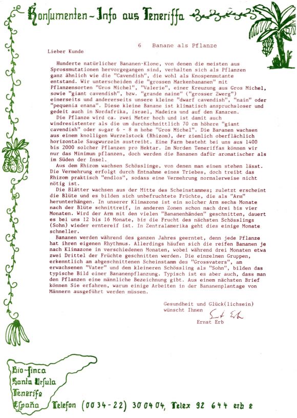 Konsumenteninformation Bio Finca, Santa Ursula, Teneriffa aus den 1980er Jahren 06/20.