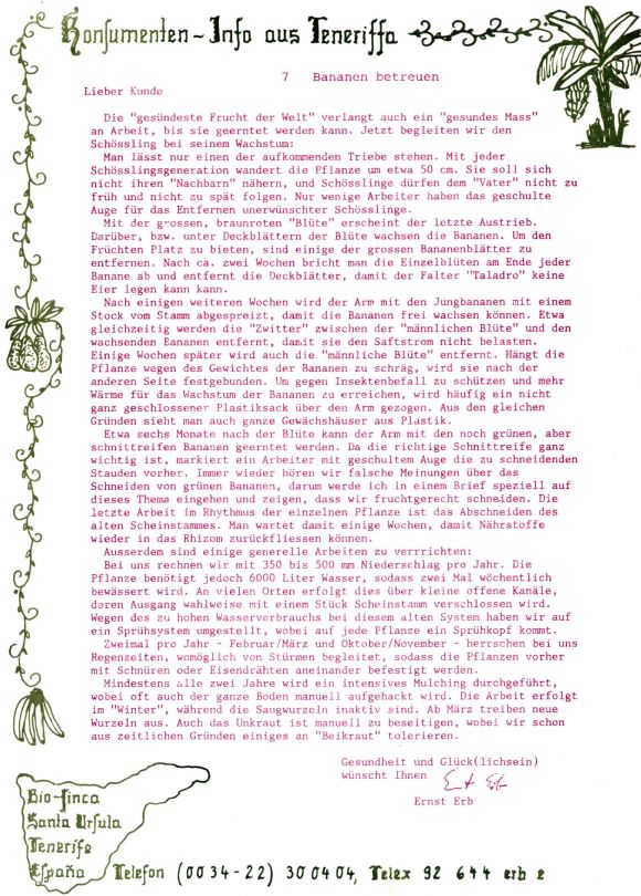 Konsumenteninformation Bio Finca SA, Santa Ursula, Teneriffa aus den 1980er Jahren 7/20.