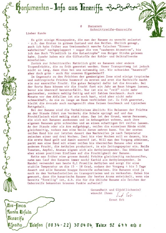 Konsumenteninformation Bio Finca SA, Santa Ursula, Teneriffa aus den 1980er Jahren 8/20.