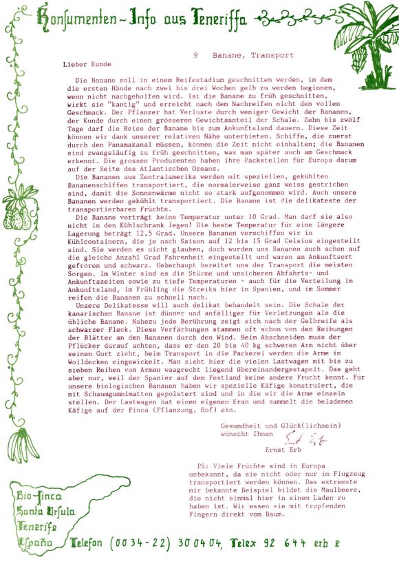 Konsumenteninformation der Bio Finca Rosario, Santa Ursula, Teneriffa aus den 1980er Jahren 09/20.