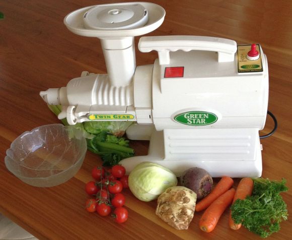 "Green Star" juicer with different vegetables suitable for juicing. "Green Star" juicer with different vegetables suitable for juicing.