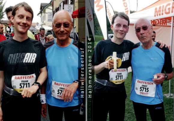 Frank und Ernst Erb, nach Zieleinlauf Halbmarathon Hallwilersee vom 12. Oktober 2014.
