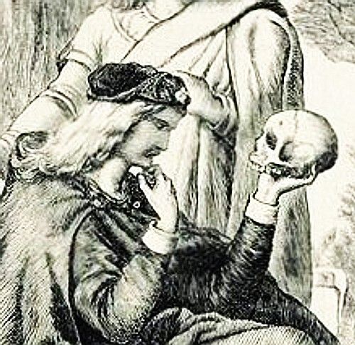 Drawn picture of "Hamlet, in search of meaning with Yorick's skull." Approximately Originated in 186