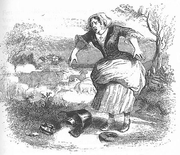 Illustration „La laitiere et le pot au lait“ from "The Fables of La Fontaine", spilled milk.