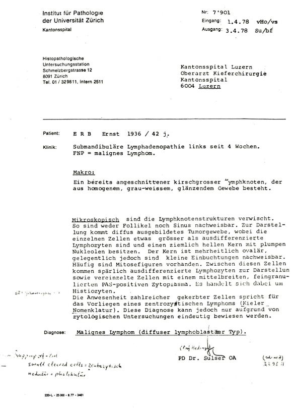 Pathologie Uni Zürich 1978: zentrozytisches Lymphom, Kieler Nomenklatur, heute Mantelzelllymphom.