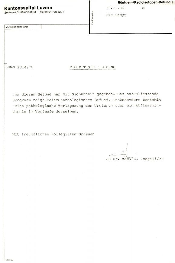 April 1978 Sonographie und Lympho-Cavo-Urographie - Blatt zwei.