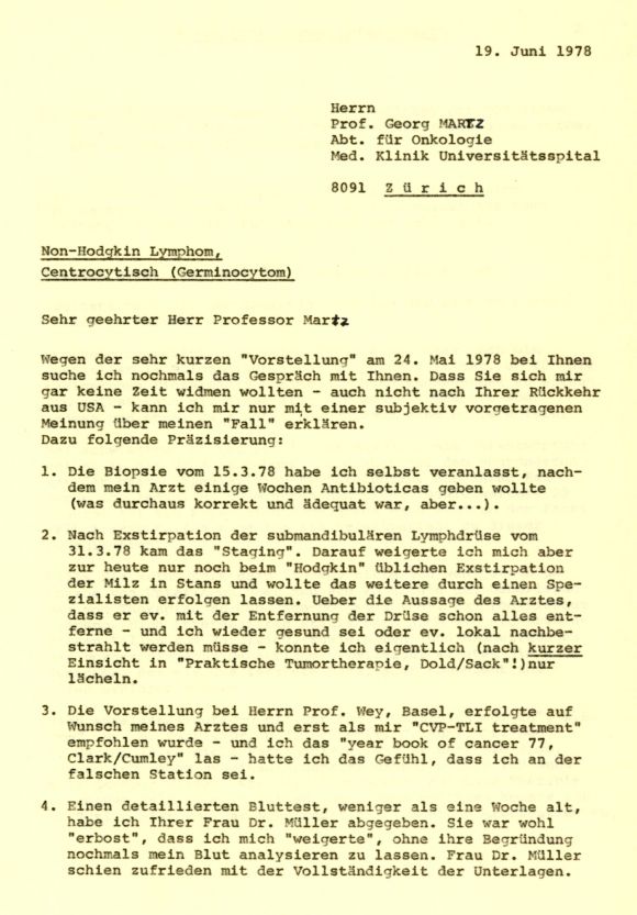 Juni 1978: Mein Schreiben an Prof. Georg Martz betreffend Resultat Staging etc. 1/3