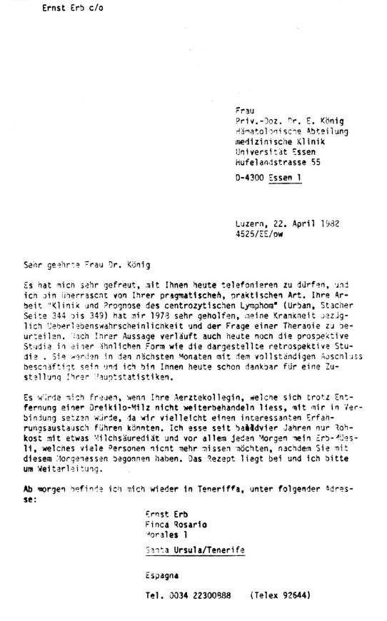 Mein Schreiben an Hämatologie Uni Essen betr. Abschluss der prospektiven Studie CL 1/2.