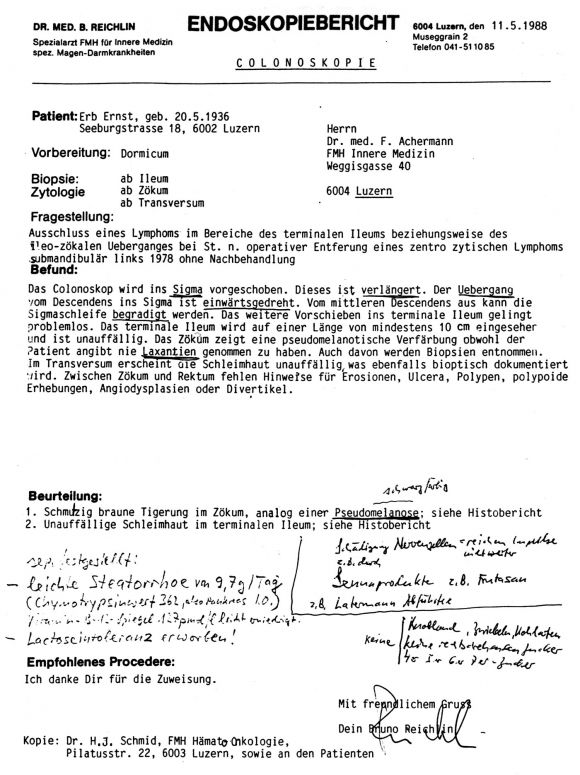 Colonoskopie von 1988 wegen Verdauungsproblemen, zum Glück nichts Ernsthaftes, Pseudomelanose.