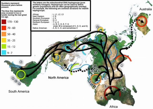 Карта мира с путями и временем распространения человека согласно анализам ДНК.