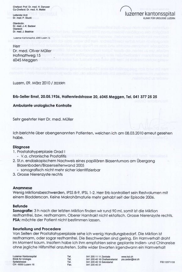 Resultat Sonografie Blasen-Papillom, März 2010, 1/2.