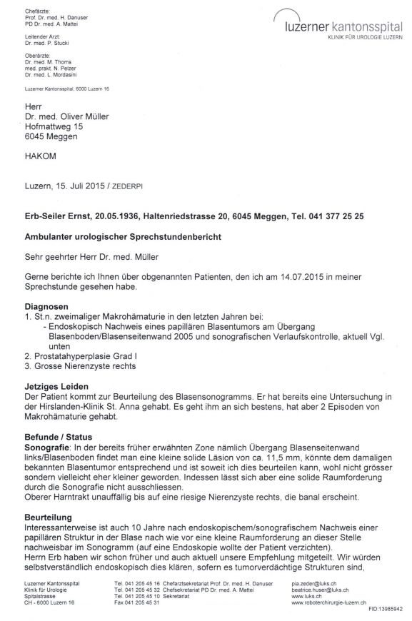 Juli 2015 Bericht über die Sonografie Blasen-Papillom, 1/2.