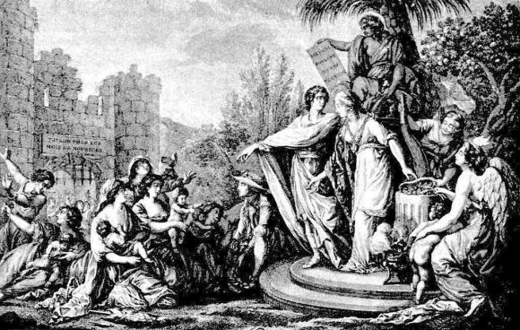 Propaganda for own breastfeeding, engraving 1784, Etienne Claude Voisard after Antoine Borel.