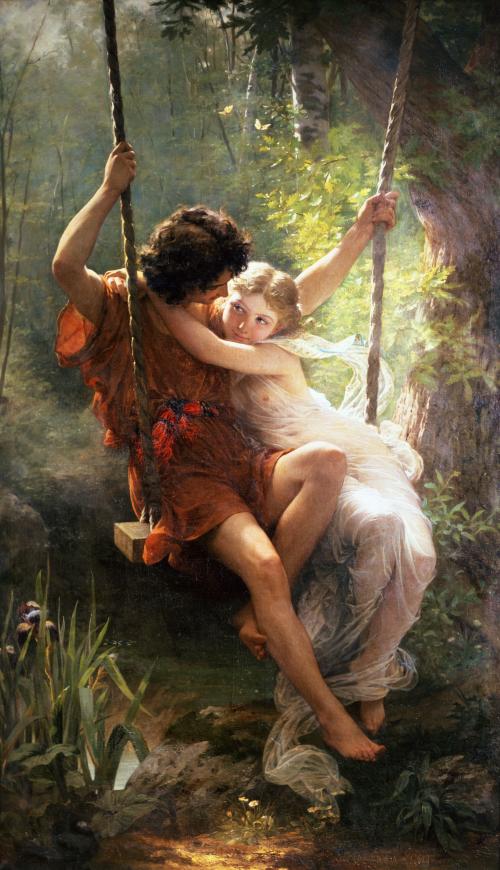 Pintura "Le Printemps" de Pierre Auguste Cot (1837-1883), 1873 con dos amantes en el columpio.