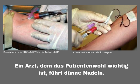 Ein Arzt, dem das Patientenwohl wichtig ist, führt dünne Nadeln, z.B. 0,6 mm mit Schlauch. Ein Arzt, dem das Patientenwohl wichtig ist, führt dünne Nadeln, z.B. 0,6 mm mit Schlauch.
