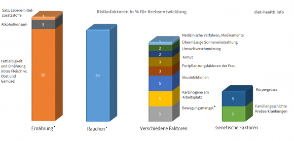 Grafik über Risikofaktoren in % für Krebsentwicklung, gemäss Harvard Report für Krebsvorsorge, 1996. Grafik über Risikofaktoren in % für Krebsentwicklung, gemäss Harvard Report für Krebsvorsorge, 1996.