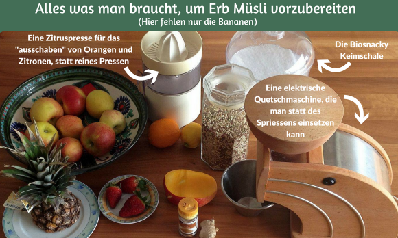 Zutaten (ausser Bananen) und Geräte zur Herstellung des "Erb-Müesli" auf Holztisch. Zutaten (ausser Bananen) und Geräte zur Herstellung des "Erb-Müesli" auf Holztisch.