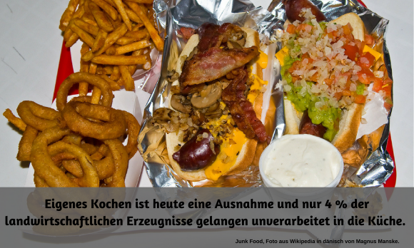 Collage: diverses "Junk Food" mit Text: Nur 4 % der Erzeugnisse gelangen unverarbeitet in die Küche.