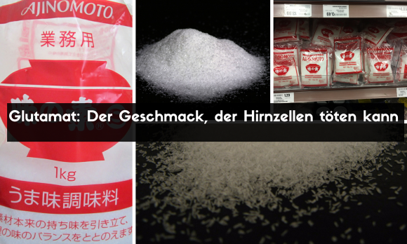 Collage von einer Packung Glutamat, Haufen glutamat und weitere Pakungen mit Text.