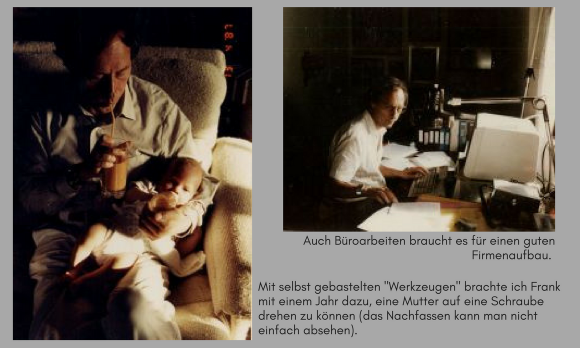 Säugling und Vater trinken natürlichen Mix, rechts Büroarbeiten 1983 mit erstem IBM-PC. Säugling und Vater trinken natürlichen Mix, rechts Büroarbeiten 1983 mit erstem IBM-PC.
