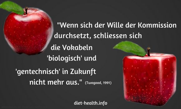 Collage von zwei roten Äpfeln mit Text: Politische Kommissionen möchten organisch mit GVO verbinden.