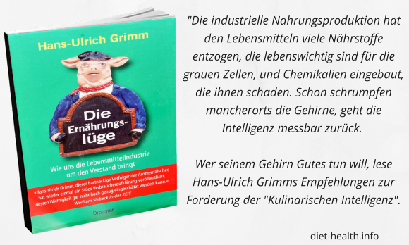 Abbildung Buch "Die Ernährungslüge" von H-U Grimm mit Text rechts daneben.