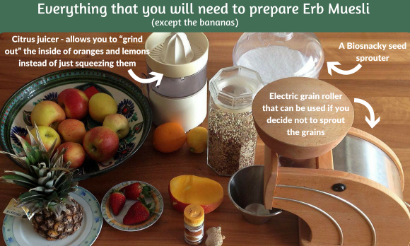 Ingredients (except bananas) and equipment for making the "Erb Muesli" on wooden table. Ingredients (except bananas) and equipment for making the "Erb Muesli" on wooden table.
