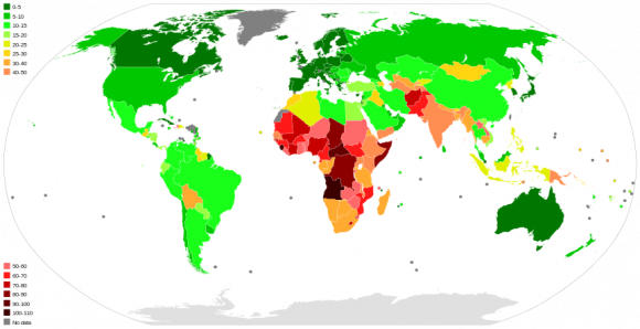 Map with number of deaths at the age of one year per 1,000 live births by country in 2013.