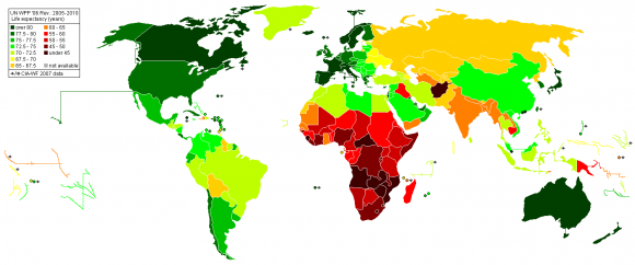 World map schematically with life expectancy in different zones with different color surfaces.