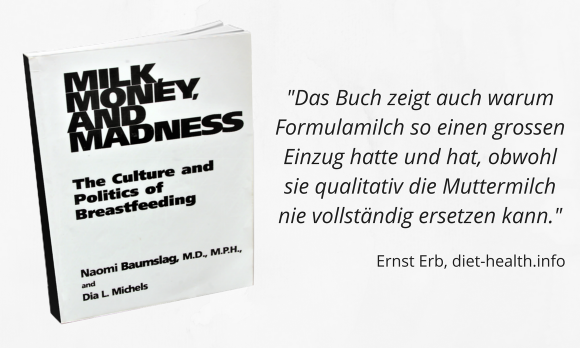 Collage Buch "Milk, Money, and Madness" und rechts daneben Text.